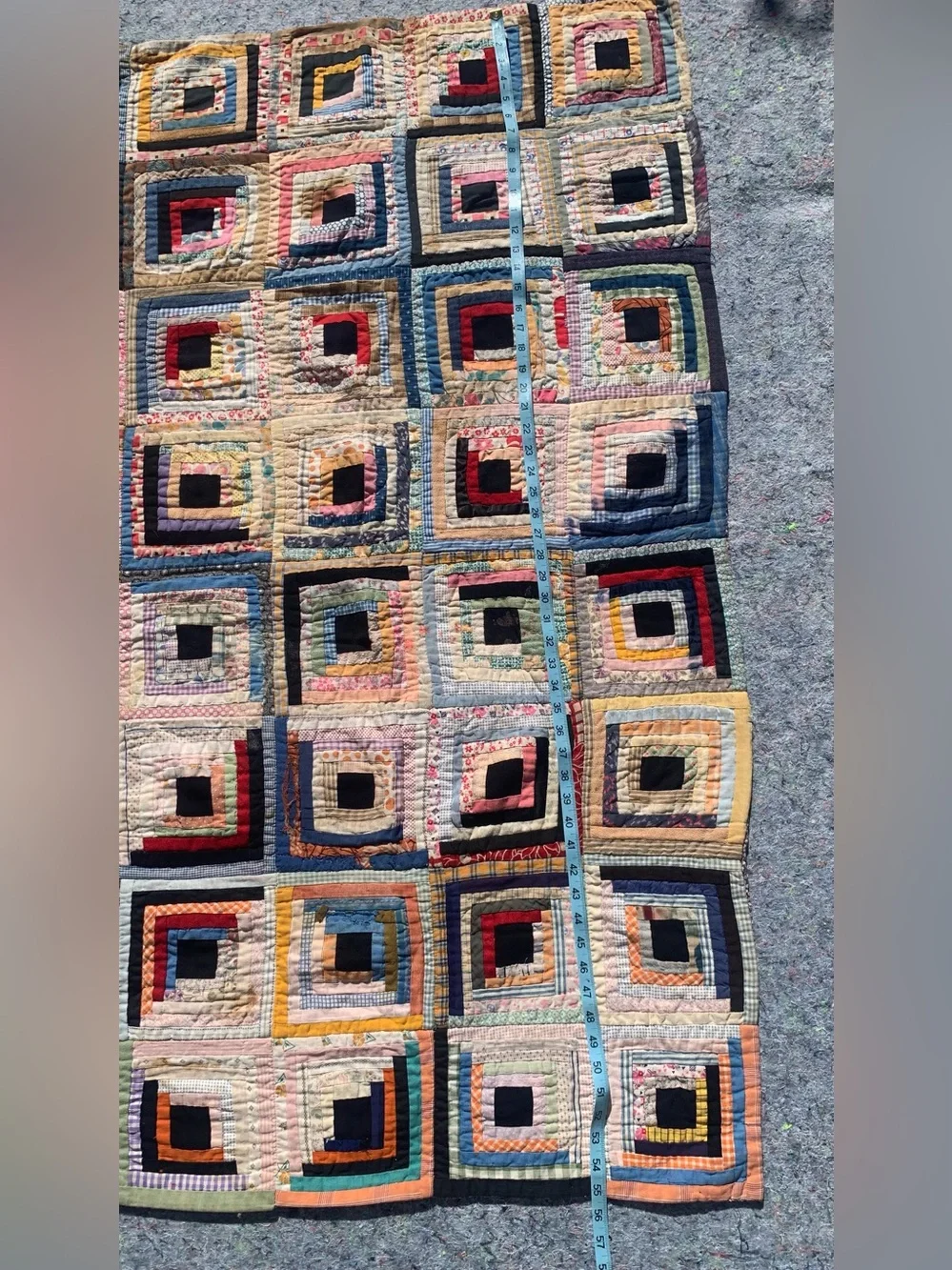 Antique 1940s or older multicolor multi-material log cabin quilt
